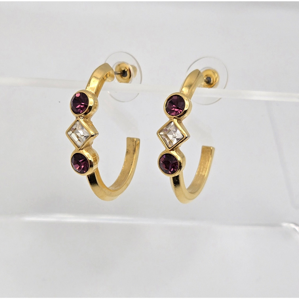 Goldtone Hoop Earrings Purple White Rhinestones Pierced Cocktail Modern Glam 1"